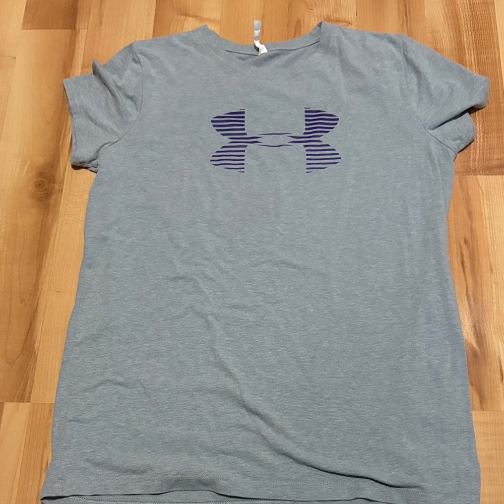 Under Armour Heather Gray Tee with Striped Purple Logo